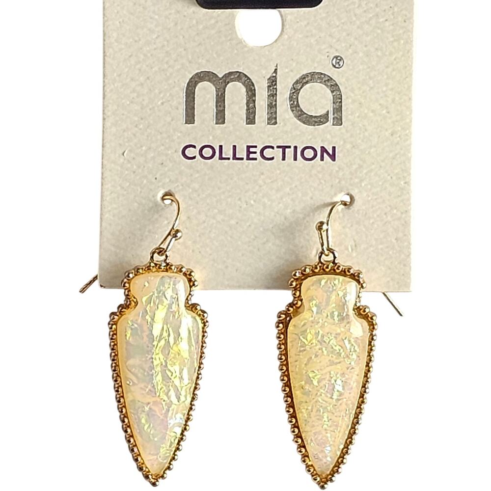 Gold Opal Arrowhead Earrings Dangle Iridescent Drop 1.73 Inch Mia Collection